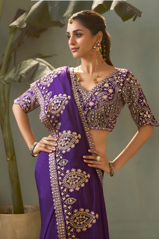 Royal Purple Bamber Silk Heavy Embroidered Saree Blouse for Wedding