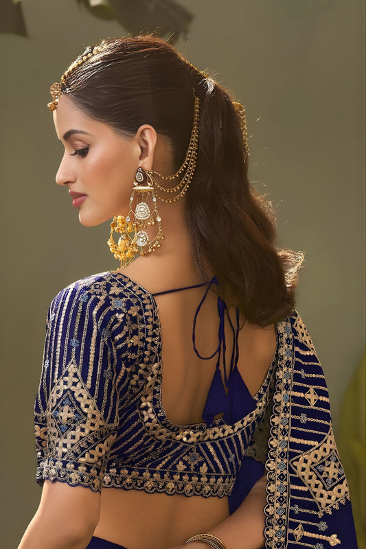 Royal Blue Bamber Silk Heavy Embroidered Saree Blouse for Wedding