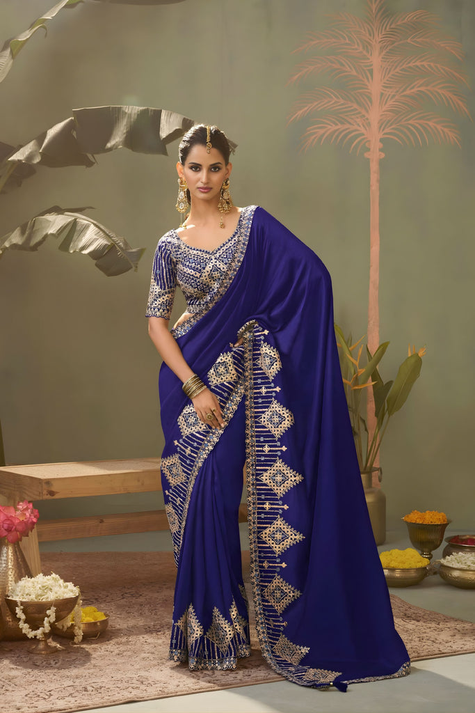 Royal Blue Bamber Silk Heavy Embroidered Saree Blouse for Wedding
