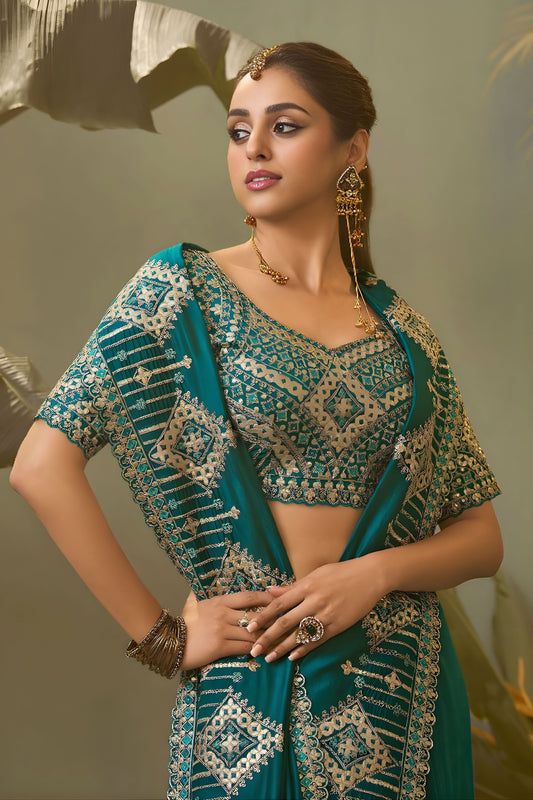 Teal Blue Bamber Silk Heavy Embroidered Saree Blouse for Wedding