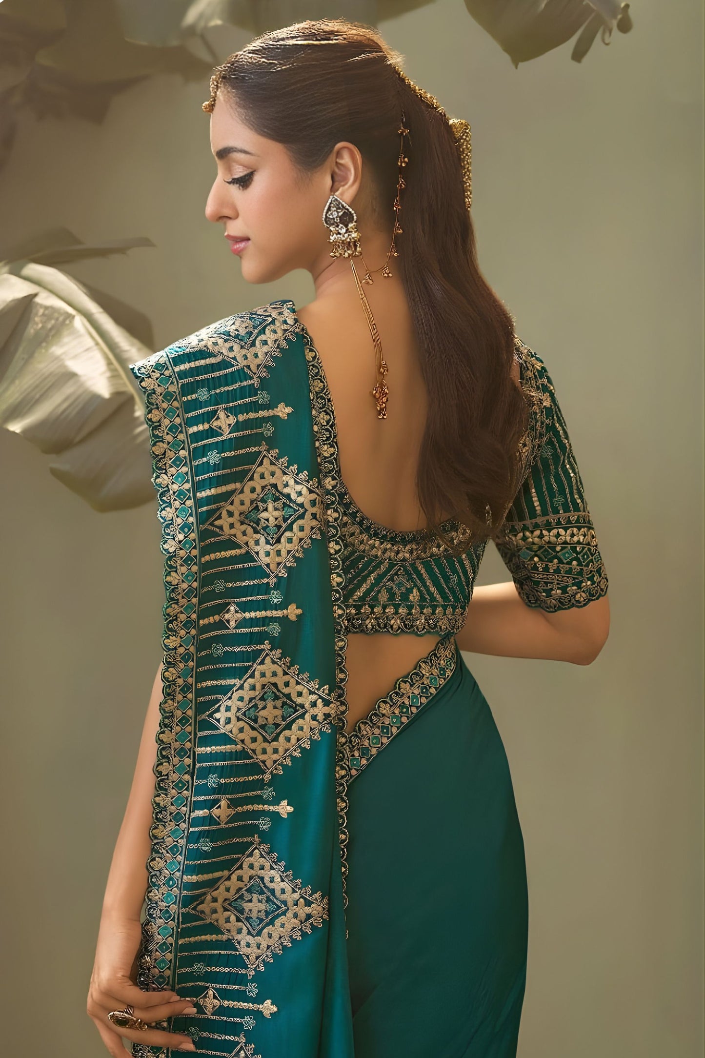 Teal Blue Bamber Silk Heavy Embroidered Saree Blouse for Wedding