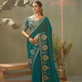 Teal Blue Bamber Silk Heavy Embroidered Saree Blouse for Wedding