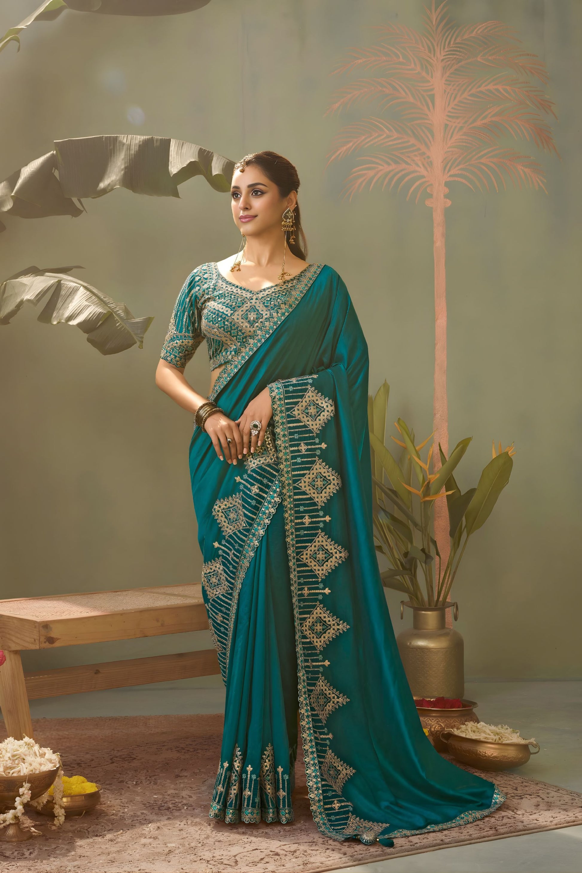 Teal Blue Bamber Silk Heavy Embroidered Saree Blouse for Wedding