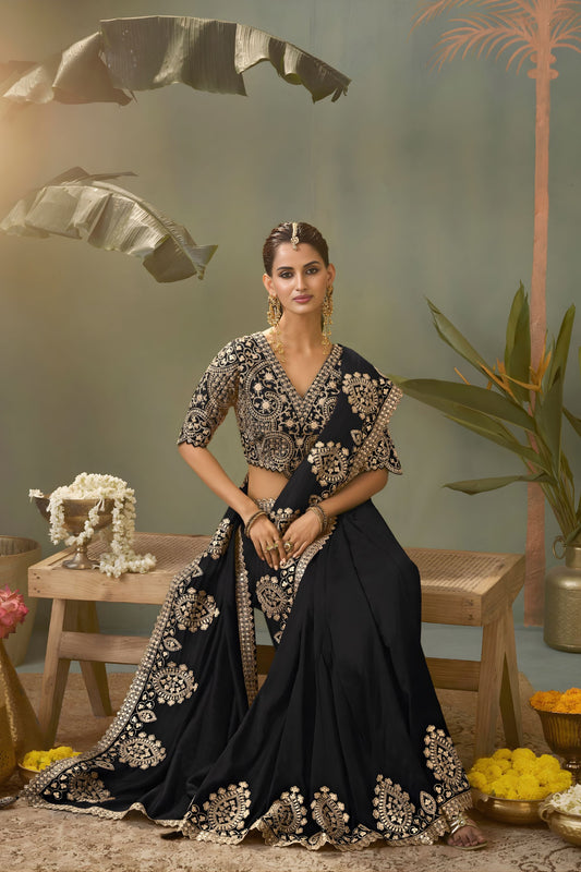 Royal Black Bamber Silk Heavy Embroidered Saree Blouse for Wedding