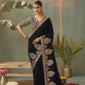 Royal Black Bamber Silk Heavy Embroidered Saree Blouse for Wedding