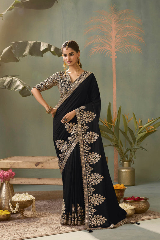 Royal Black Bamber Silk Heavy Embroidered Saree Blouse for Wedding