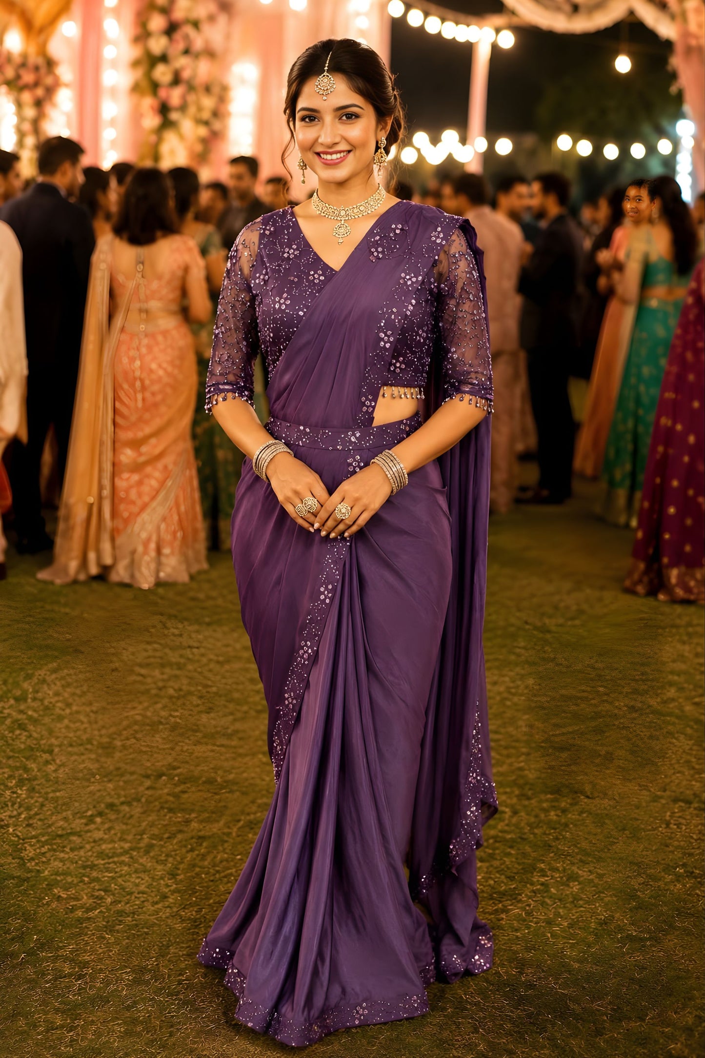 Elegant Purple Lycra Sequins Saree Readymade Blouse for Wedding