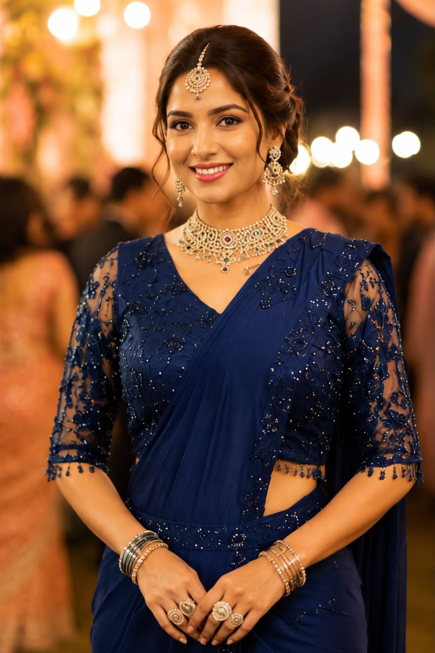 Royal Navy Blue Real Lycra Sequins Saree Readymade Blouse For Wedding
