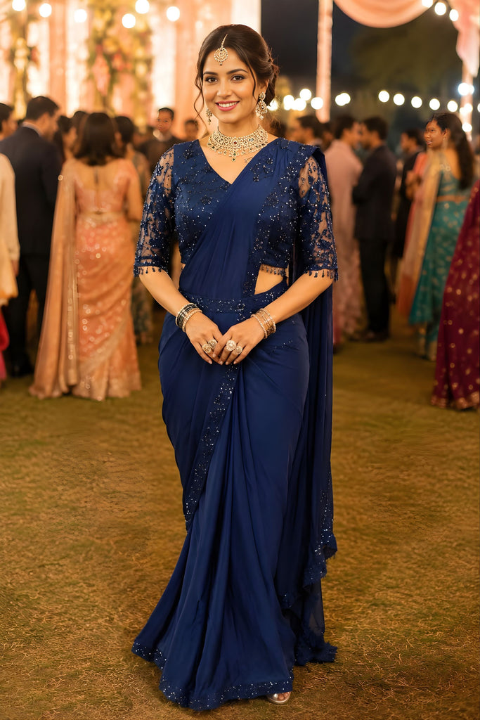 Royal Navy Blue Real Lycra Sequins Saree Readymade Blouse For Wedding