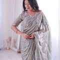 Elegant Grey Fendy Silk Embroidered Designer Saree for Wedding