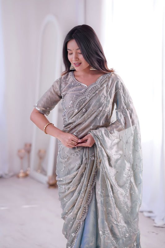 Elegant Grey Fendy Silk Embroidered Designer Saree for Wedding