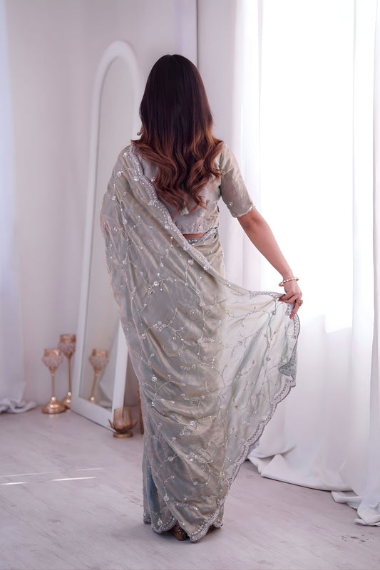 Elegant Grey Fendy Silk Embroidered Designer Saree for Wedding