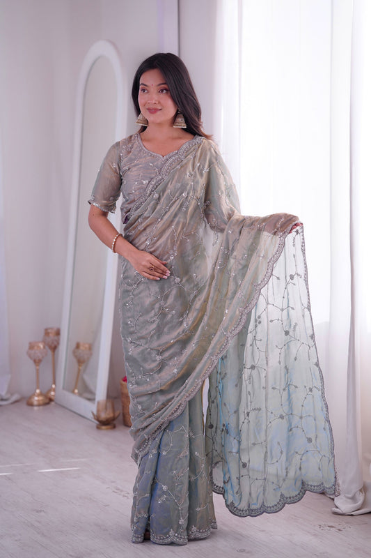 Elegant Grey Fendy Silk Embroidered Designer Saree for Wedding