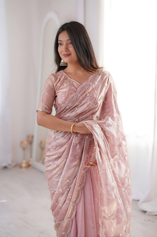 Beautifull Baby Pink Fendy Silk Embroidered Designer Saree for Wedding