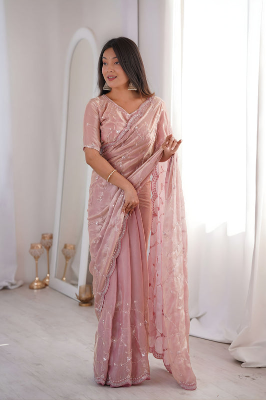 Beautifull Baby Pink Fendy Silk Embroidered Designer Saree for Wedding