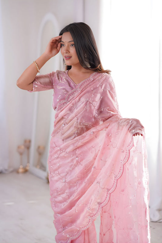 Beautiful Pink Fendy Silk Embroidered Designer Saree for Wedding