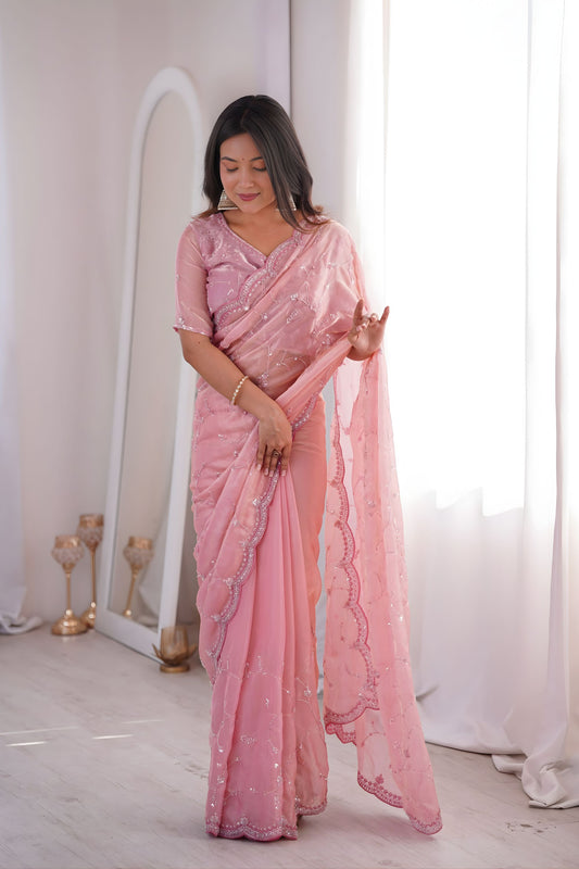 Beautiful Pink Fendy Silk Embroidered Designer Saree for Wedding