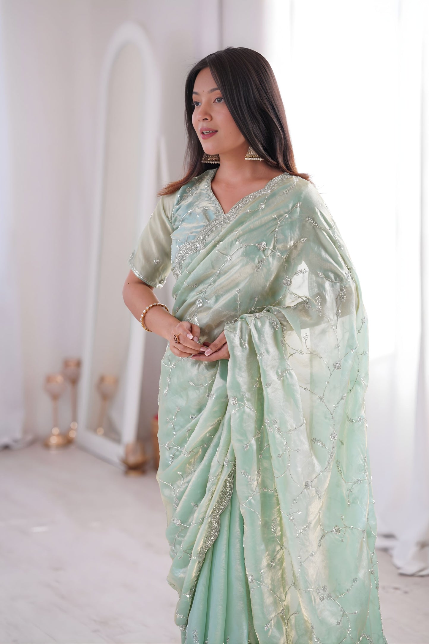 Gracefull Mint Green Fendy Silk Embroidered Designer Saree for Wedding