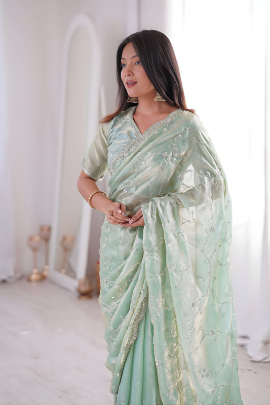 Gracefull Mint Green Fendy Silk Embroidered Designer Saree for Wedding