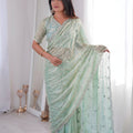 Gracefull Mint Green Fendy Silk Embroidered Designer Saree for Wedding