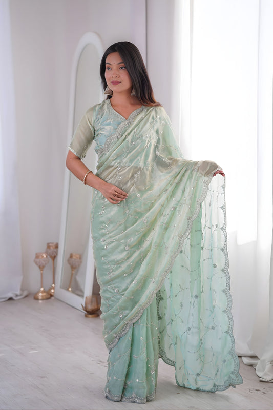 Gracefull Mint Green Fendy Silk Embroidered Designer Saree for Wedding