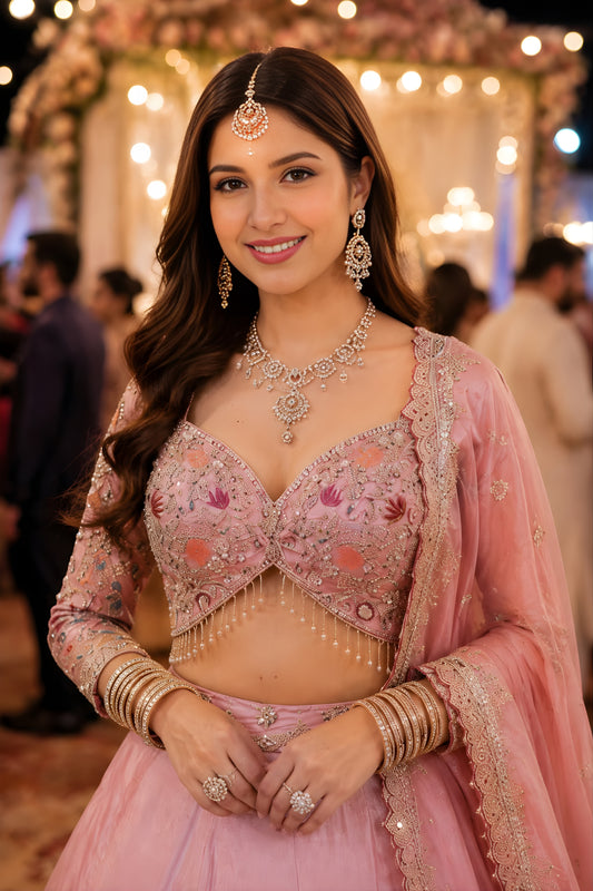 Stunning Blush Pink Satin Designer Lehenga Choli with Beads Work Dupatta for Wedding