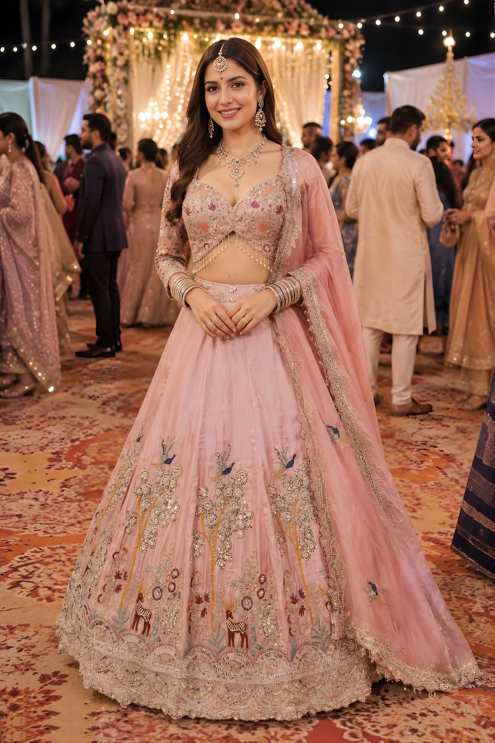 Stunning Blush Pink Satin Designer Lehenga Choli with Beads Work Dupatta for Wedding