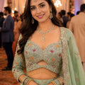 Elegant Mint Green Satin Designer Lehenga Choli with Beads Work Dupatta for Wedding