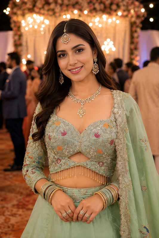 Elegant Mint Green Satin Designer Lehenga Choli with Beads Work Dupatta for Wedding