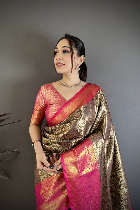 Royal Brown Kanjivaram Silk Weaving Zari Work Saree for Wedding
