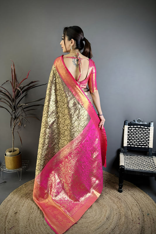 Royal Brown Kanjivaram Silk Weaving Zari Work Saree for Wedding