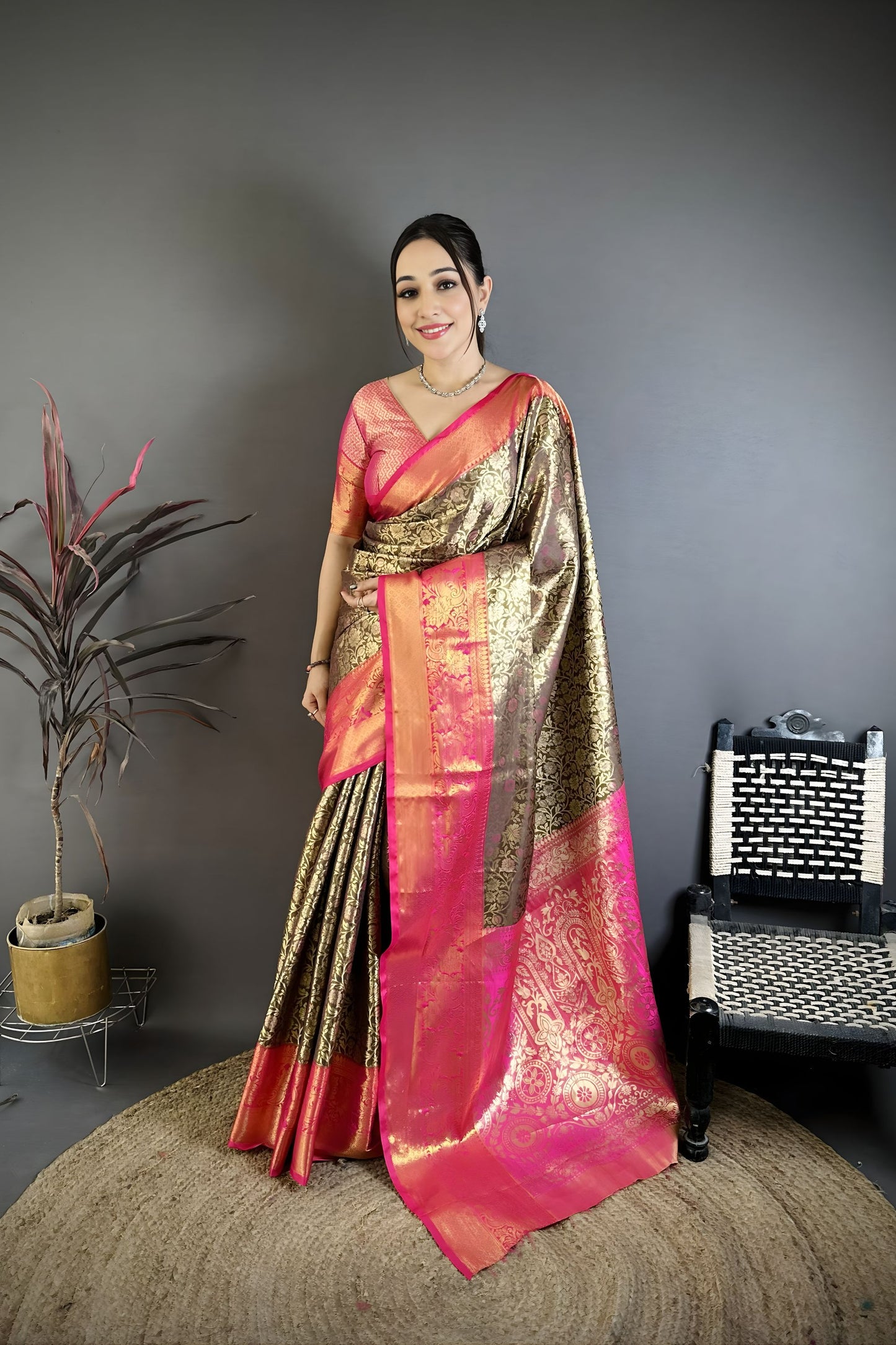 Royal Brown Kanjivaram Silk Weaving Zari Work Saree for Wedding