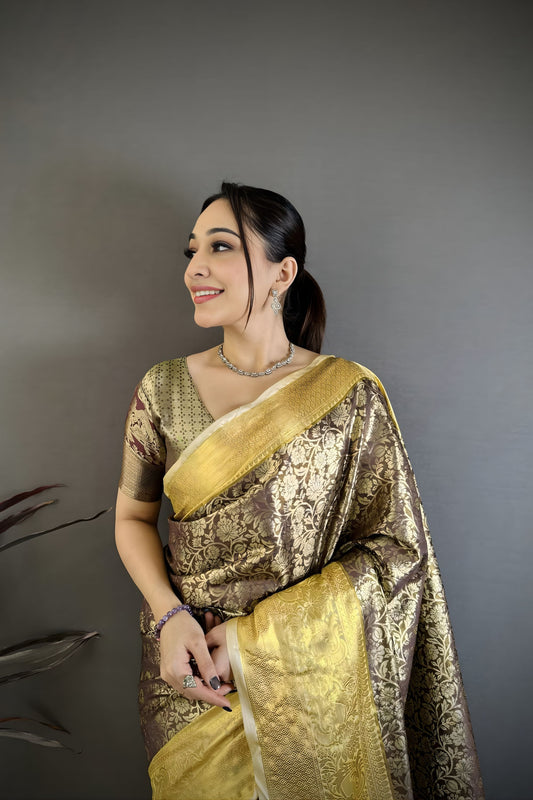Luxury Brown Kanjivaram Silk Weaving Zari Work Saree for Wedding