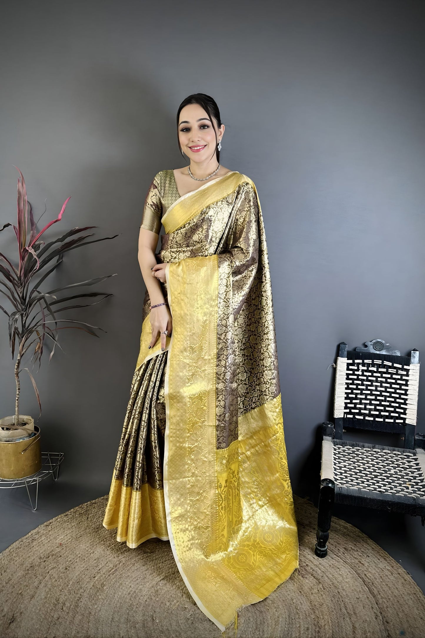 Luxury Brown Kanjivaram Silk Weaving Zari Work Saree for Wedding