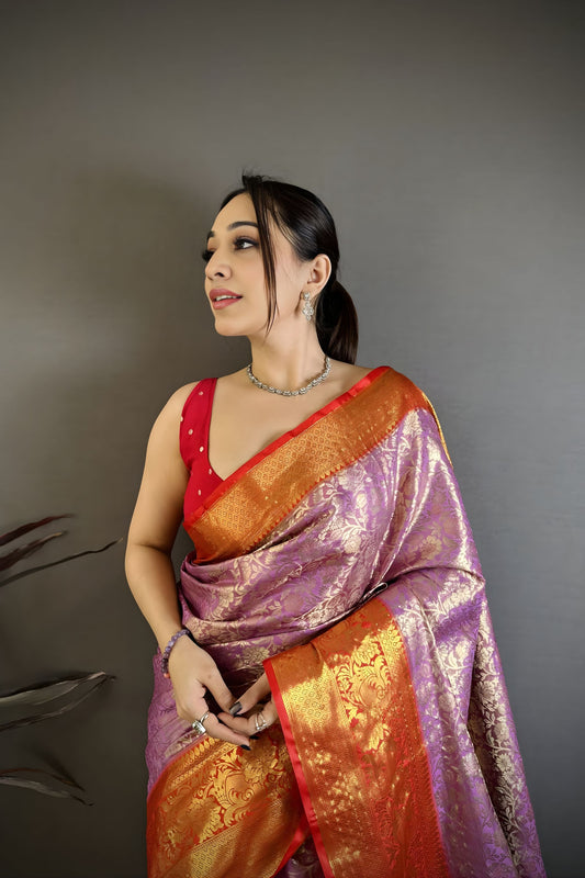 Luxury Lavender Kanjivaram Silk Weaving Zari Work Saree for Wedding