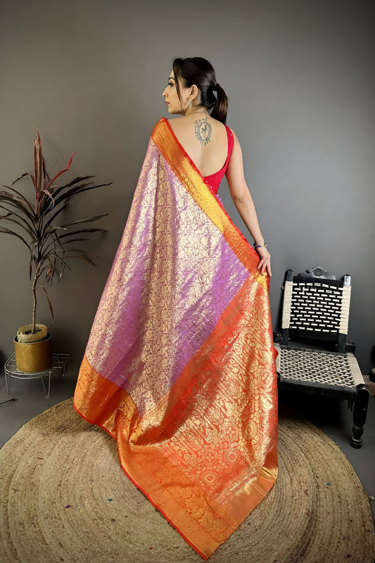 Luxury Lavender Kanjivaram Silk Weaving Zari Work Saree for Wedding