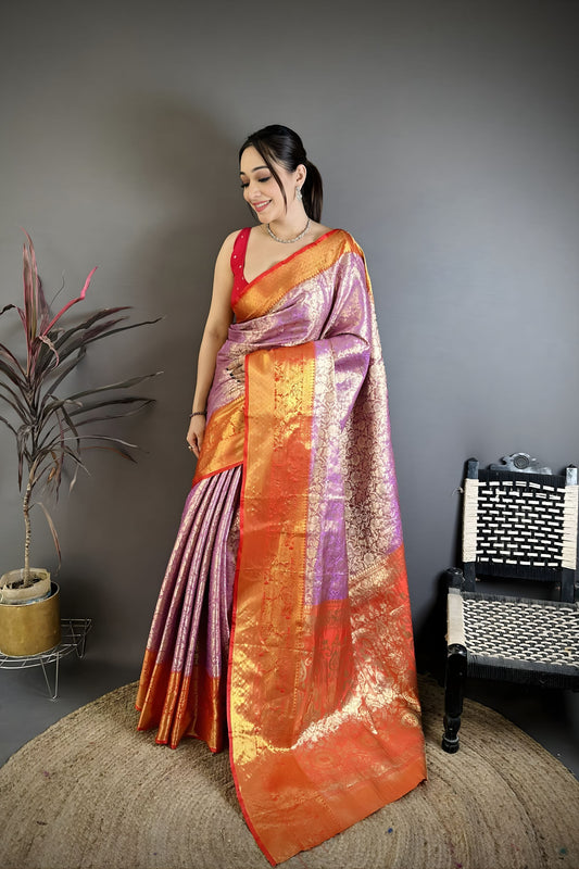 Luxury Lavender Kanjivaram Silk Weaving Zari Work Saree for Wedding