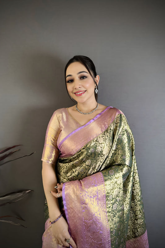 Elegant Olive Green Kanjivaram Silk Weaving Zari Work Saree for Wedding