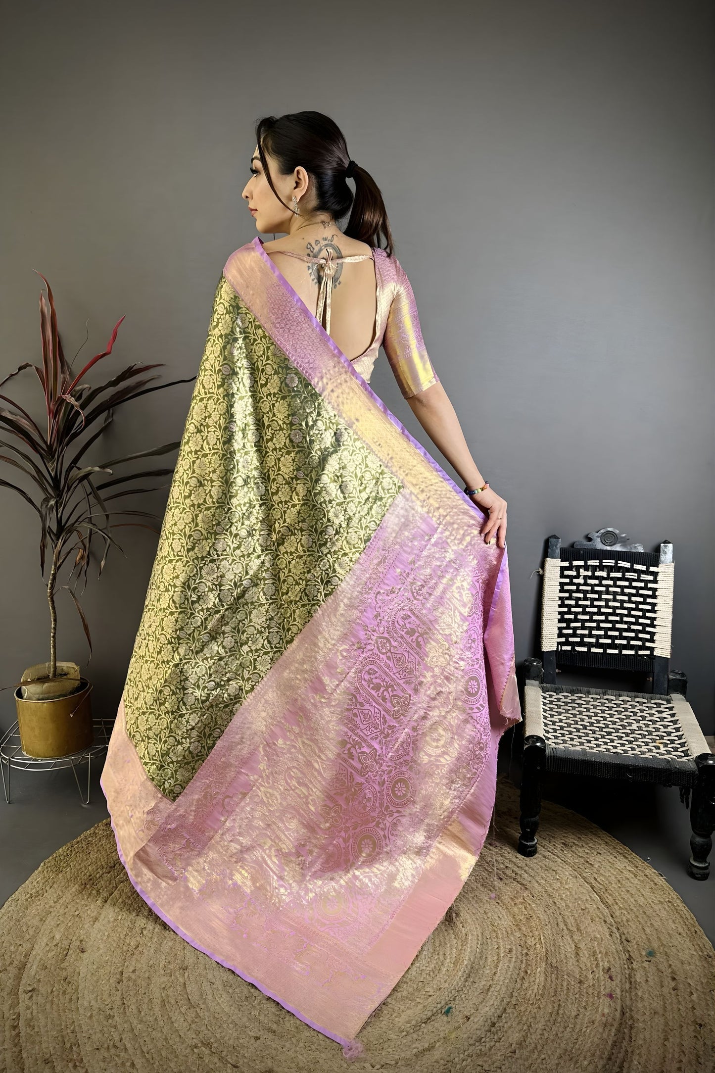 Elegant Olive Green Kanjivaram Silk Weaving Zari Work Saree for Wedding