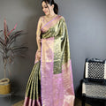 Elegant Olive Green Kanjivaram Silk Weaving Zari Work Saree for Wedding