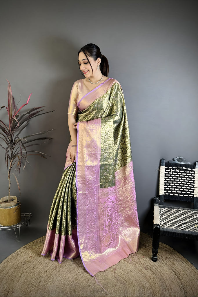 Elegant Olive Green Kanjivaram Silk Weaving Zari Work Saree for Wedding