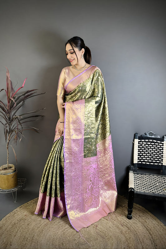 Elegant Olive Green Kanjivaram Silk Weaving Zari Work Saree for Wedding
