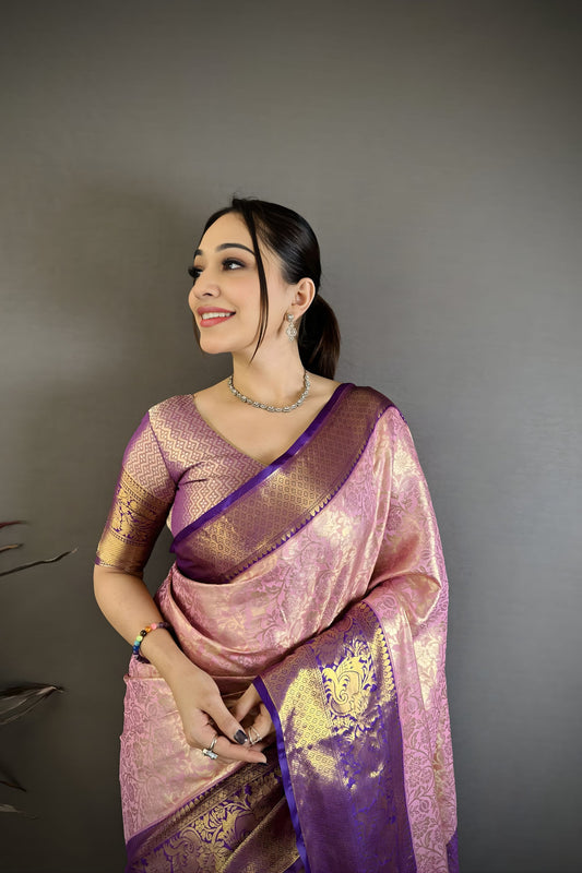Luxury Baby Pink Kanjivaram Silk Weaving Zari Work Saree for Wedding