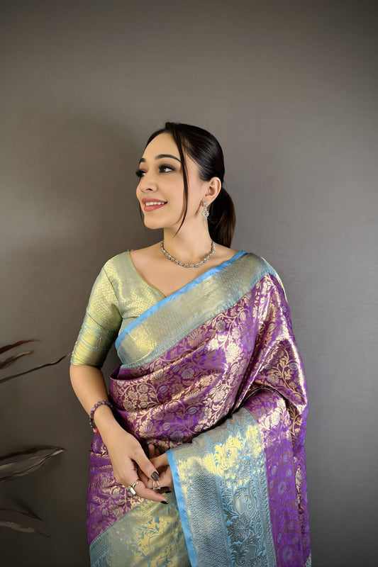 Luxury Purple Kanjivaram Woven  Saree Zari Border for Wedding