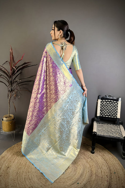 Luxury Purple Kanjivaram Woven  Saree Zari Border for Wedding