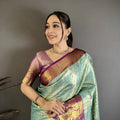 Luxury Aqua Blue Kanjivaram Silk Weaving Zari Work Saree for Wedding