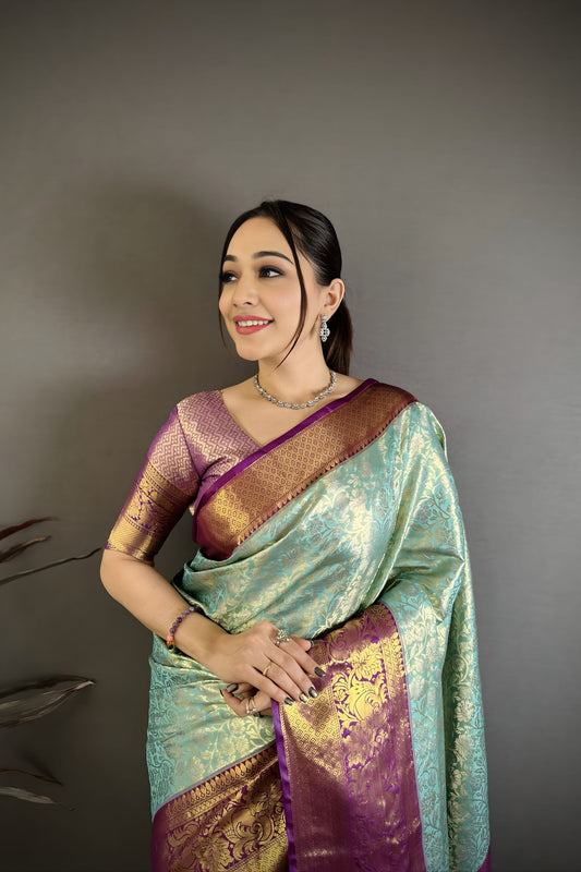 Luxury Aqua Blue Kanjivaram Silk Weaving Zari Work Saree for Wedding