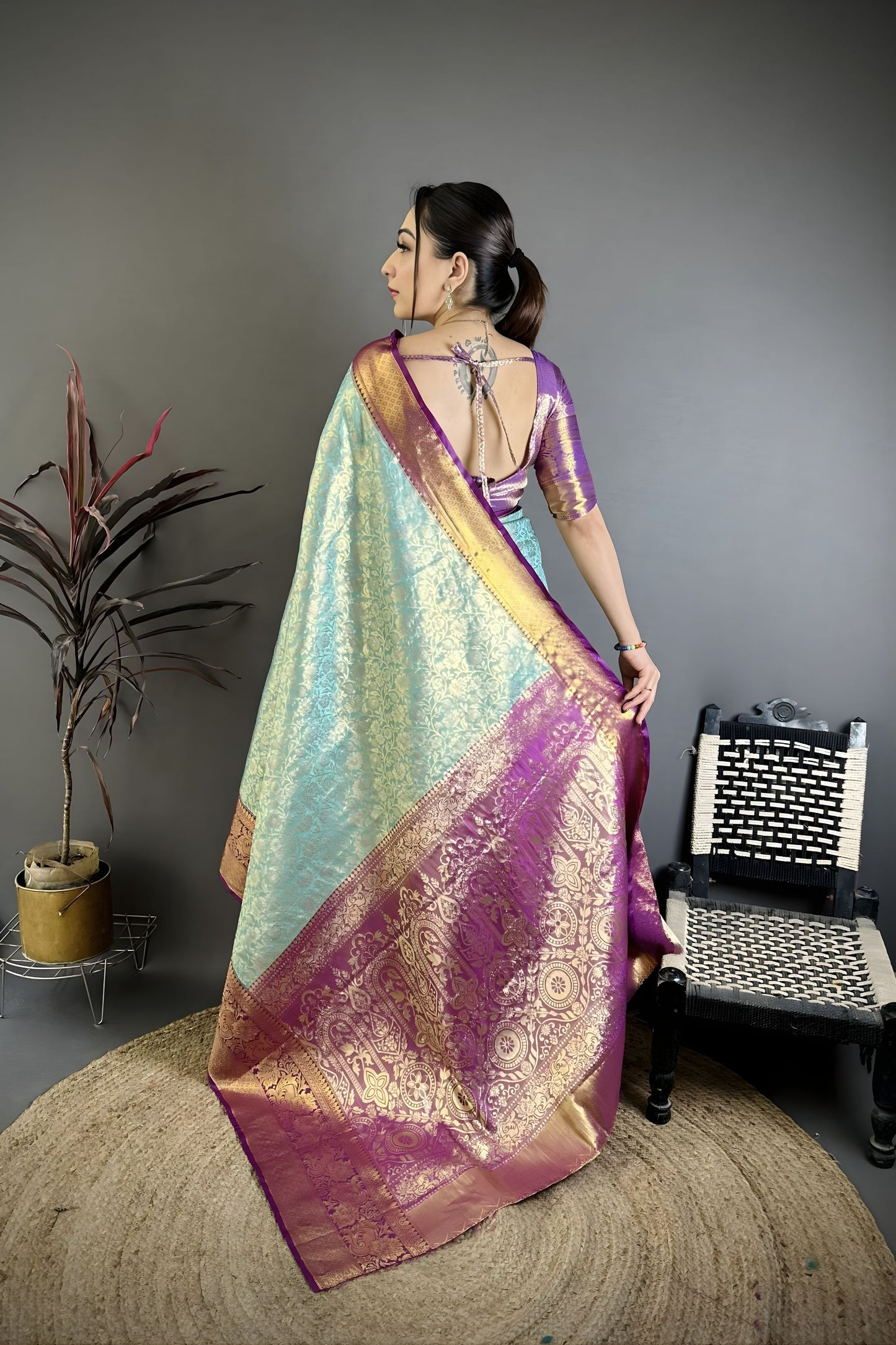Luxury Aqua Blue Kanjivaram Silk Weaving Zari Work Saree for Wedding