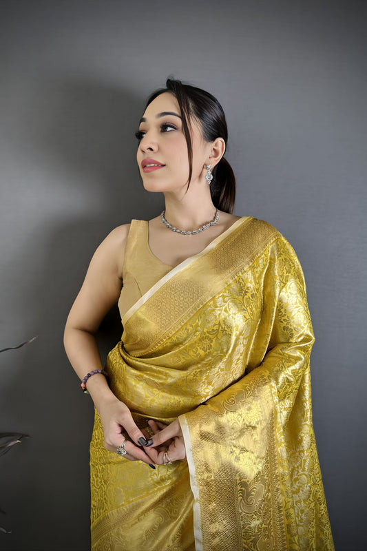 Gracefull Mustard Yellow Kanjivaram Silk Weaving Zari Work Saree for Wedding