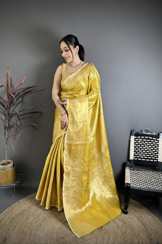 Gracefull Mustard Yellow Kanjivaram Silk Weaving Zari Work Saree for Wedding